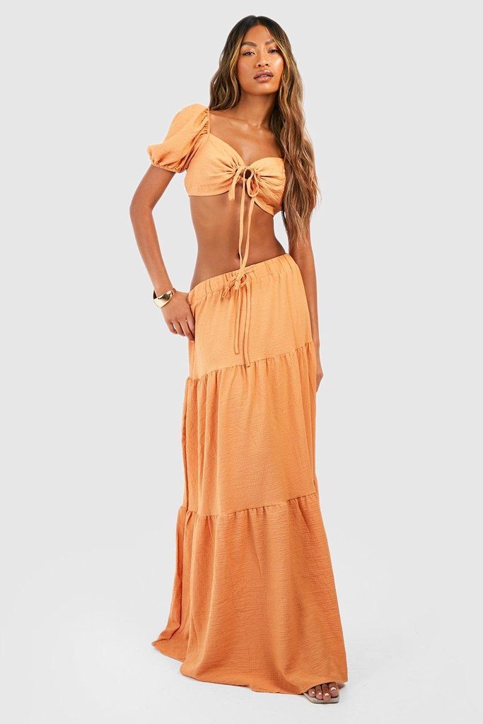 Womens Textured Puff Sleeve Bralette & Tiered Maxi Skirt - Orange - 14, Orange