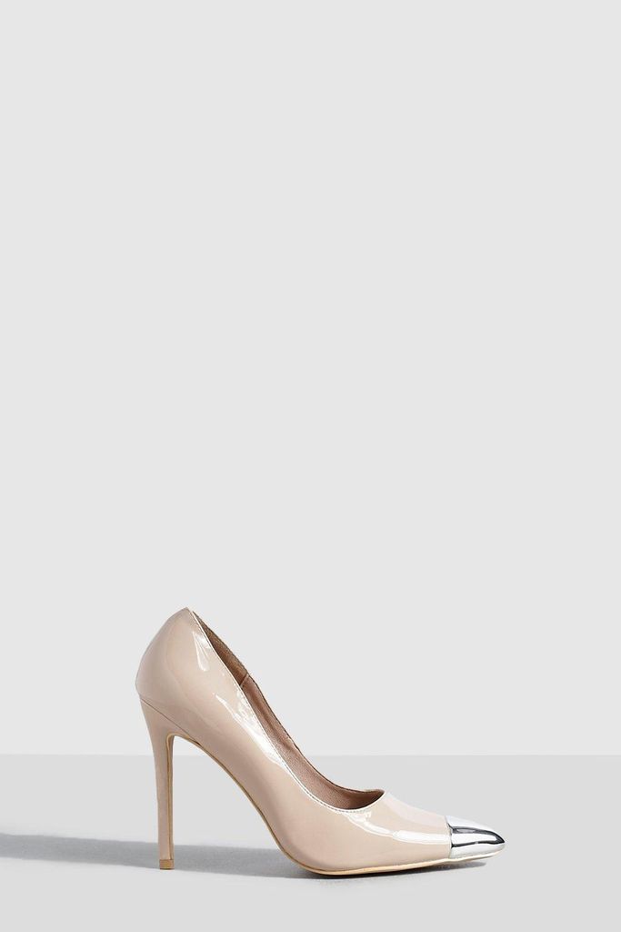 Womens Patent Toe Cap Detail Stiletto Court Shoes - Beige - 5, Beige