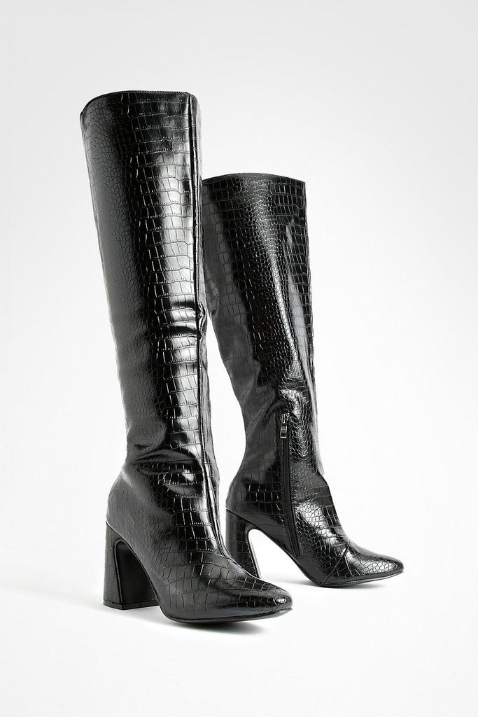 Womens Wide Fit Croc Flared Heel Knee High Boots - Black - 8, Black