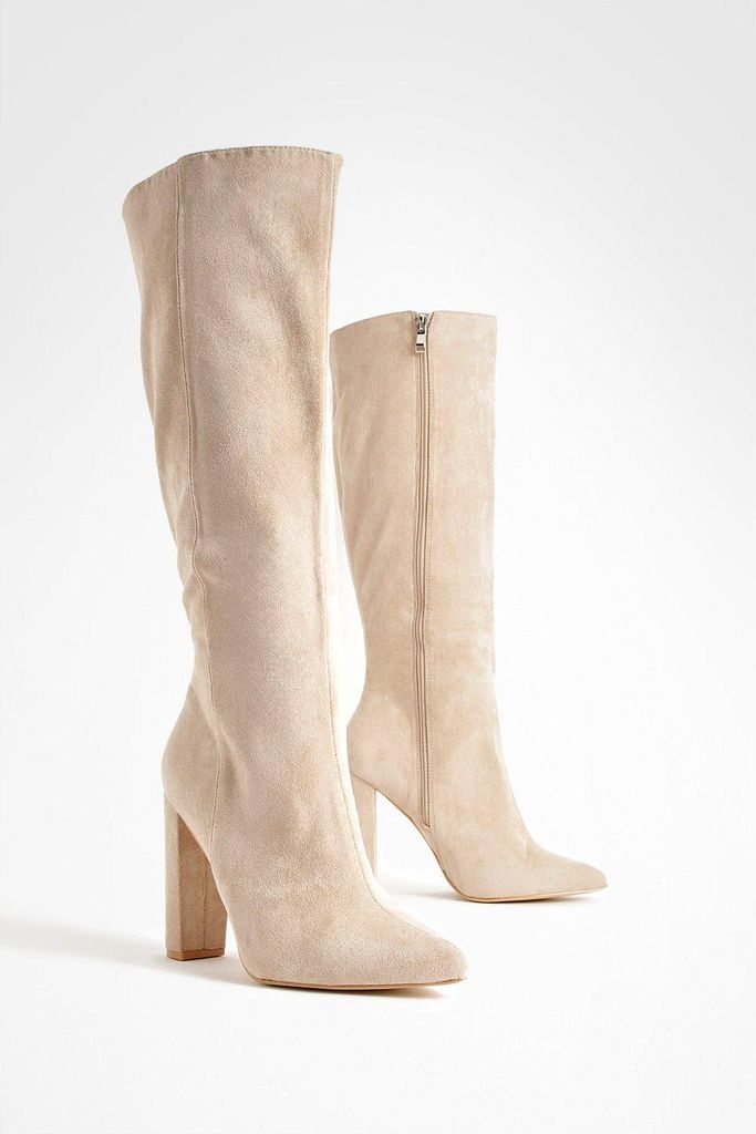 Womens Wide Fit Pointed Knee High Heeled Boots - Beige - 4, Beige