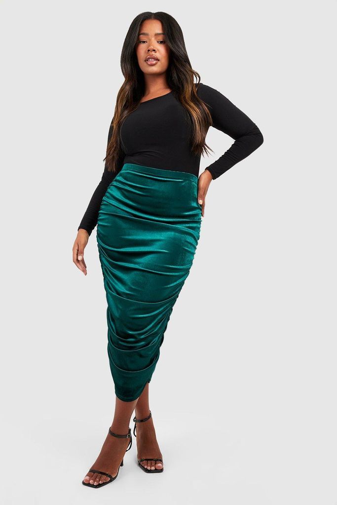 Womens Plus Velvet Ruched Midi Skirt - Green - 28, Green