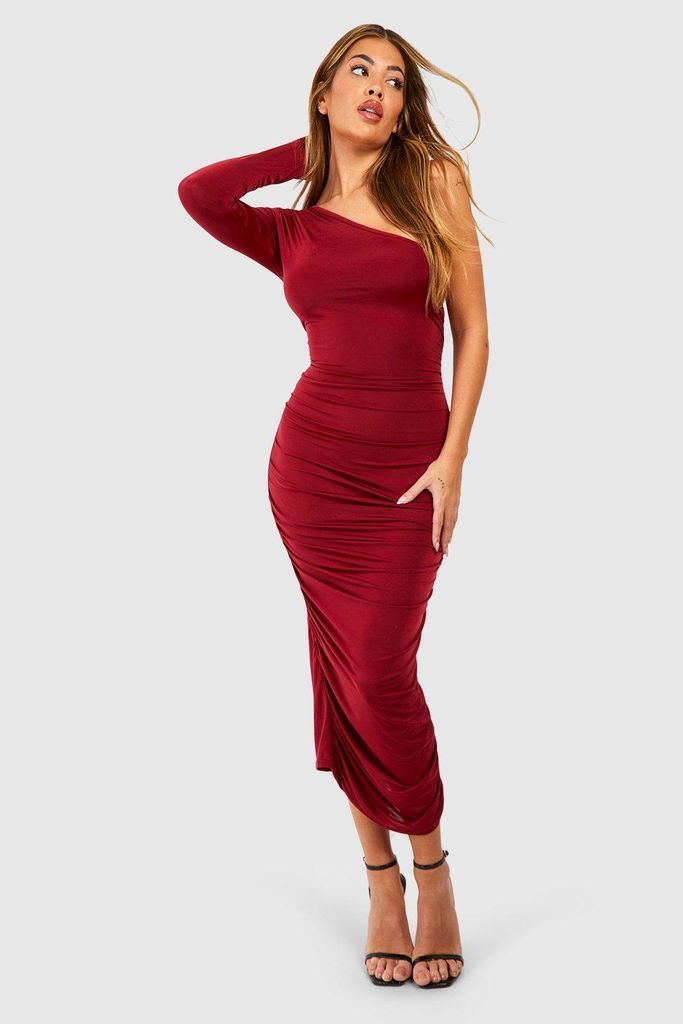 Womens One Shoulder Slinky Ruched Skirt Midi Dress - Red - 10, Red