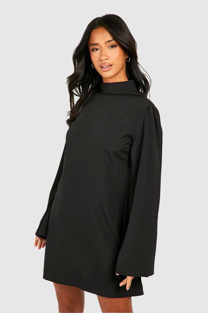 Womens Petite High Neck Flare Sleeve Woven Shift Dress - Black - 8, Black