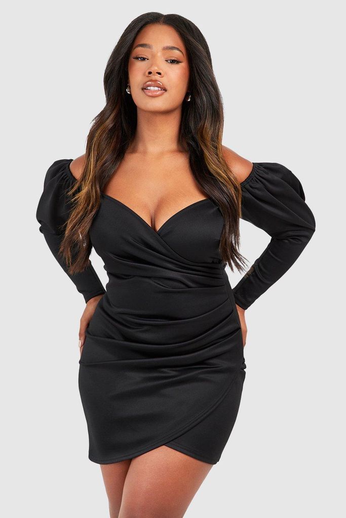 Womens Plus Off Shoulder Pleated Detail Wrap Dress - Black - 28, Black