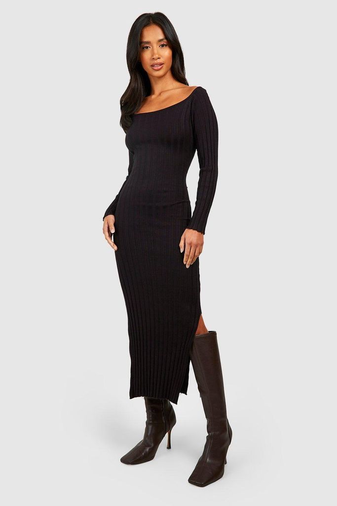Womens Petite Off The Shoulder Rib Knit Maxi Dress - Black - 8, Black