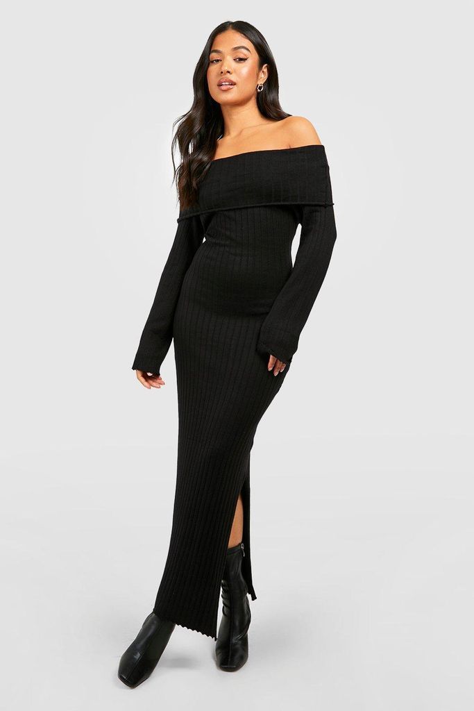 Womens Petite Oversized Bardot Neckline Knitted Maxi Dress - Black - 16, Black