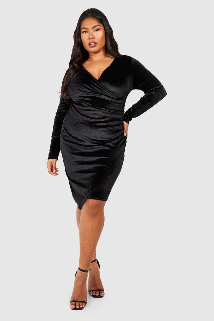 Womens Plus Velvet Ruched Wrap Dress - Black - 28, Black