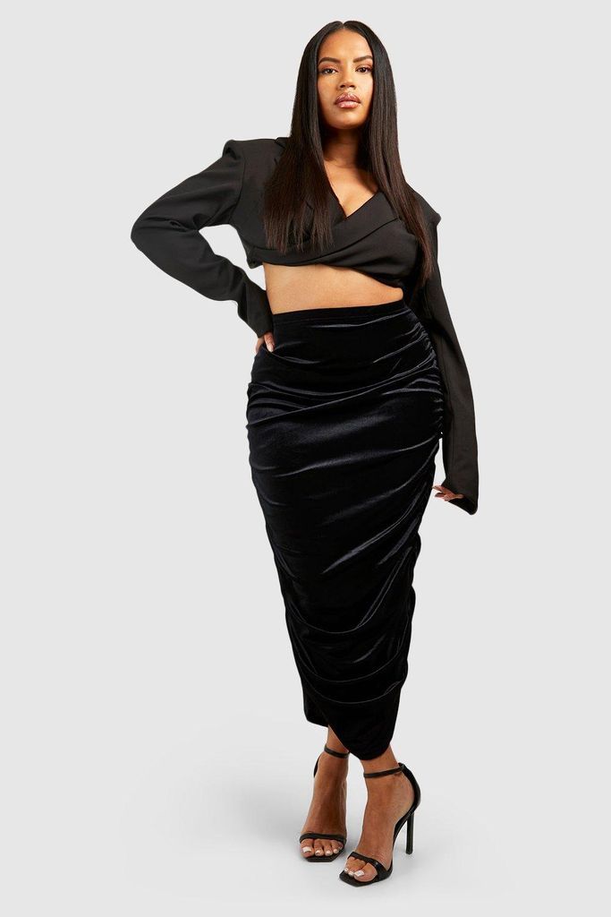 Womens Plus Velvet Ruched Midi Skirt - Black - 28, Black