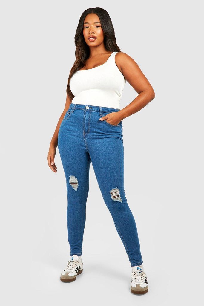 Womens Plus High Waisted Distressed Skinny Jeans - Blue - 22, Blue