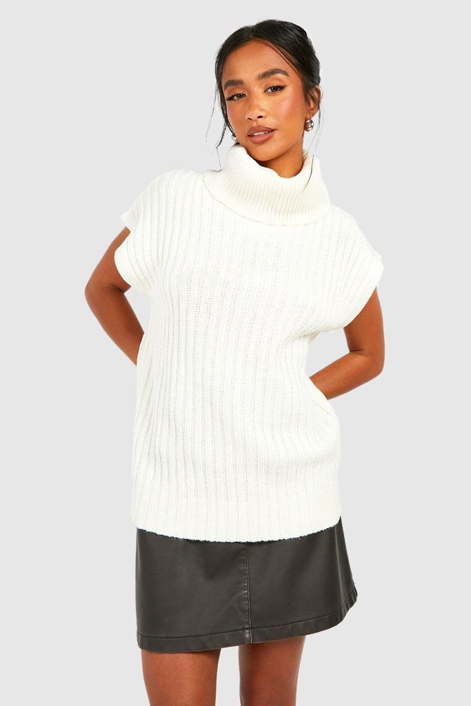 Womens Petite Chunky Rib Roll Neck Knitted Vest - White - 12, White