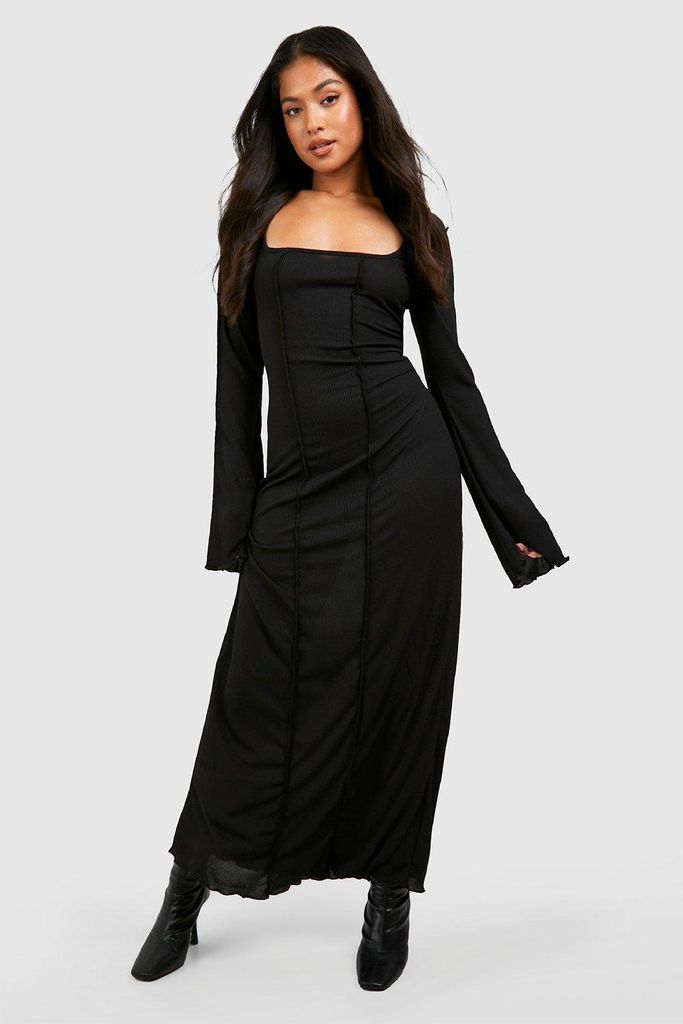 Womens Petite Rib Seam Detail Flare Sleeve Maxi Dress - Black - 8, Black