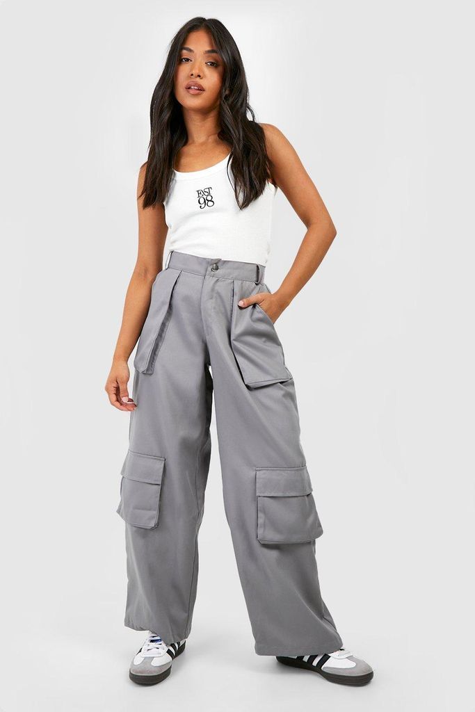 Womens Petite Twill Pocket Detail Wide Leg Cargo Trouser - Grey - 8, Grey
