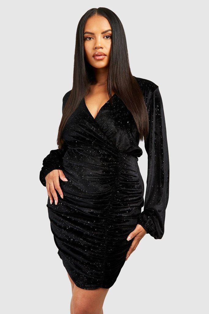 Womens Plus Glitter Velvet Ruched Boydcon Dress - Black - 28, Black