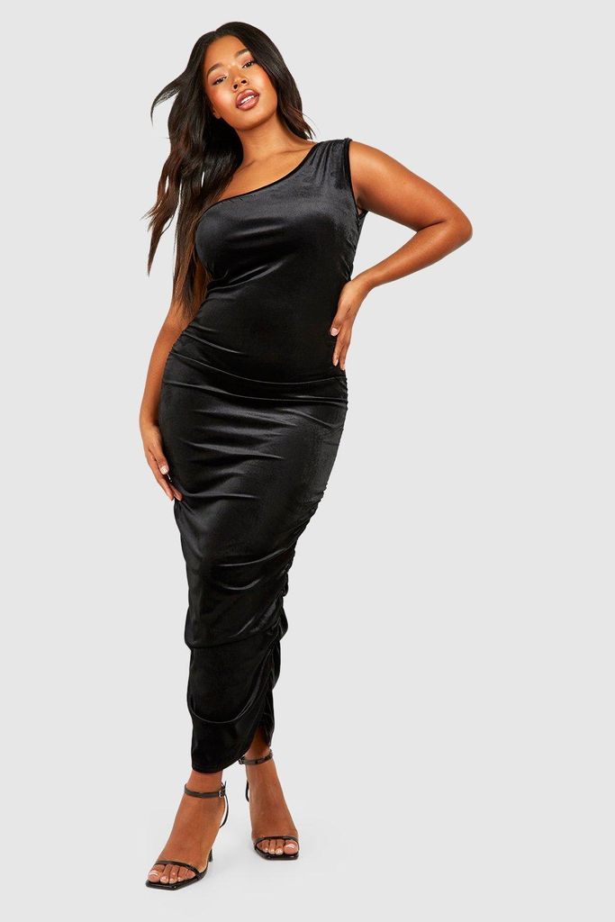 Womens Plus Velvet One Shoulder Ruched Midi Dress - Black - 28, Black