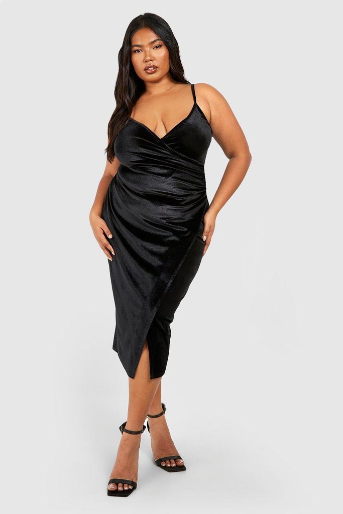 Womens Plus Velvet Ruched Wrap Midi Dress - Black - 28, Black