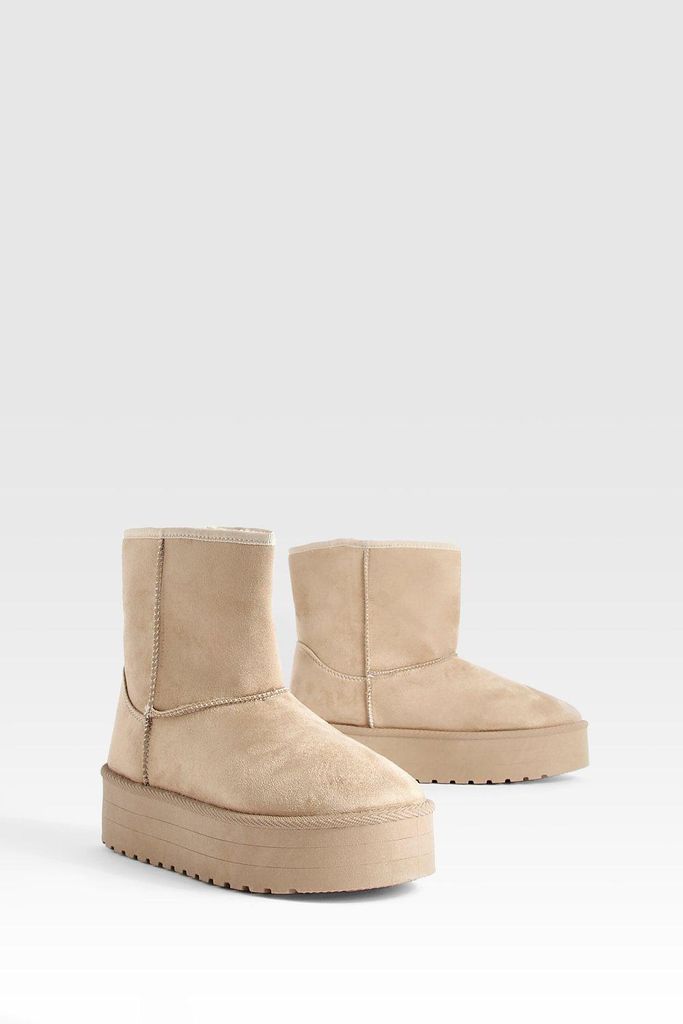 Womens Platform Mini Cosy Boots - Beige - 6, Beige