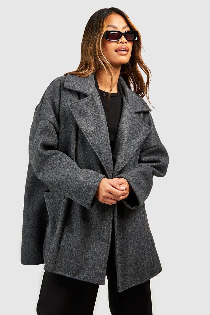 Womens Oversized Collar Wool Look Longline Coat - Grey - 10, Grey
