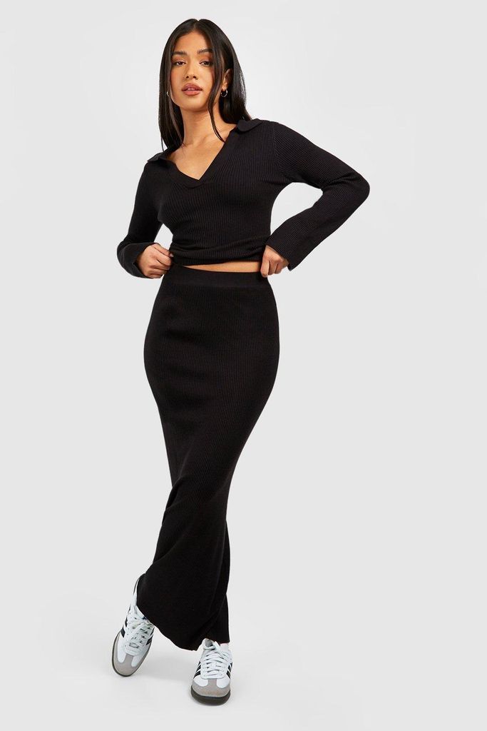 Womens Petite Polo Collar Rib Knit Top And Maxi Skirt Set - Black - 8, Black