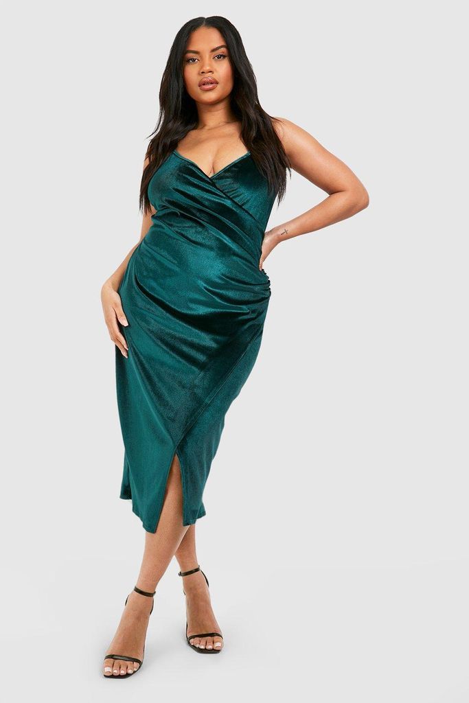 Womens Plus Velvet Ruched Wrap Midi Dress - Green - 28, Green