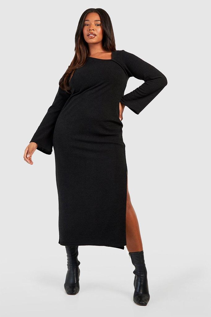 Womens Plus Knitted Asymmetic Split Midaxi Dress - Black - 28, Black