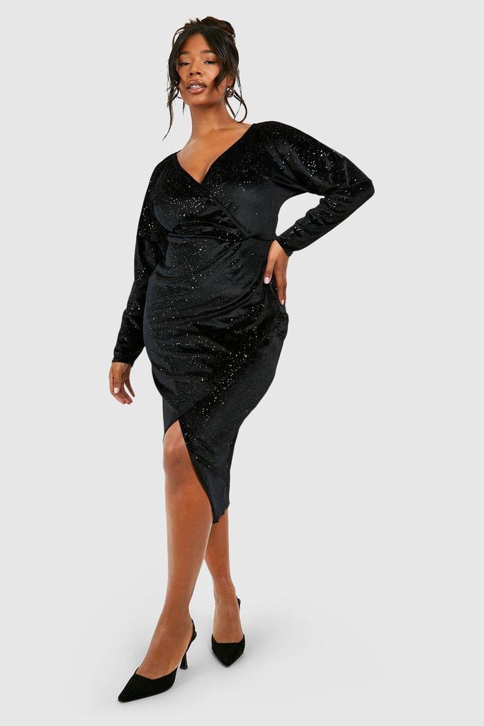 Womens Plus Glitter Velvet Wrap Midaxi Dress - Black - 28, Black