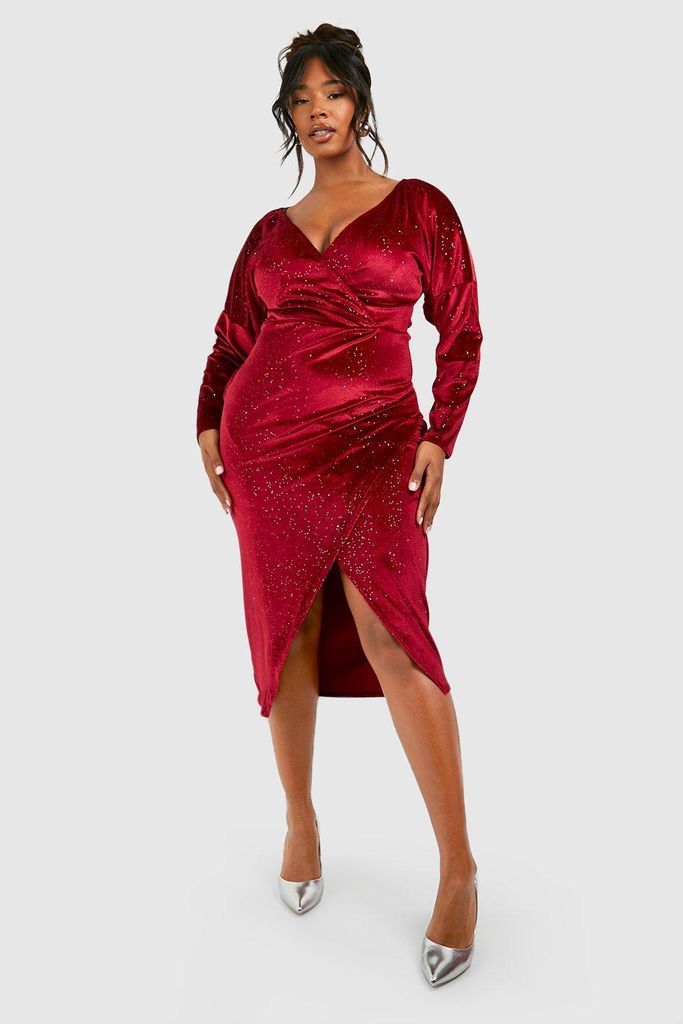 Womens Plus Glitter Velvet Wrap Midaxi Dress - Red - 28, Red