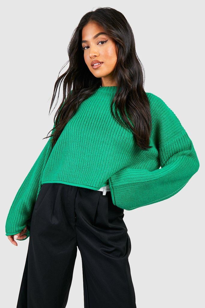 Womens Petite Wide Sleeve Cropped Jumper - Green - L, Green
