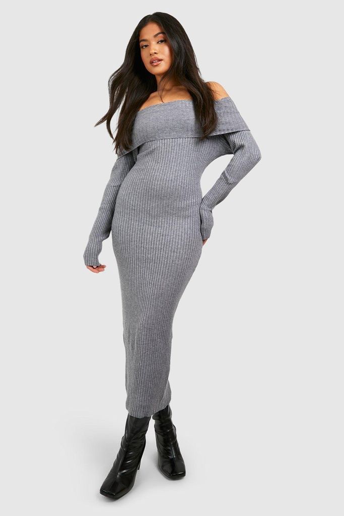 Womens Petite Knitted Bardot Midaxi Dress - Grey - L, Grey