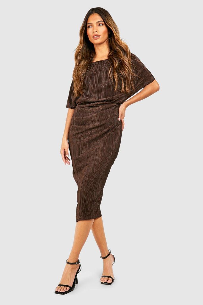 Womens Plisse Off The Shoulder Midi Dress - Brown - 8, Brown