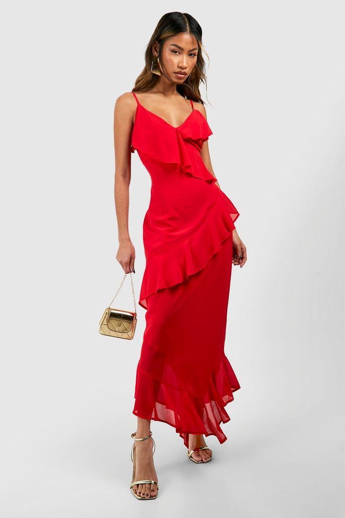 Womens Woven Ruffle Maxi Dress - Red - 12, Red