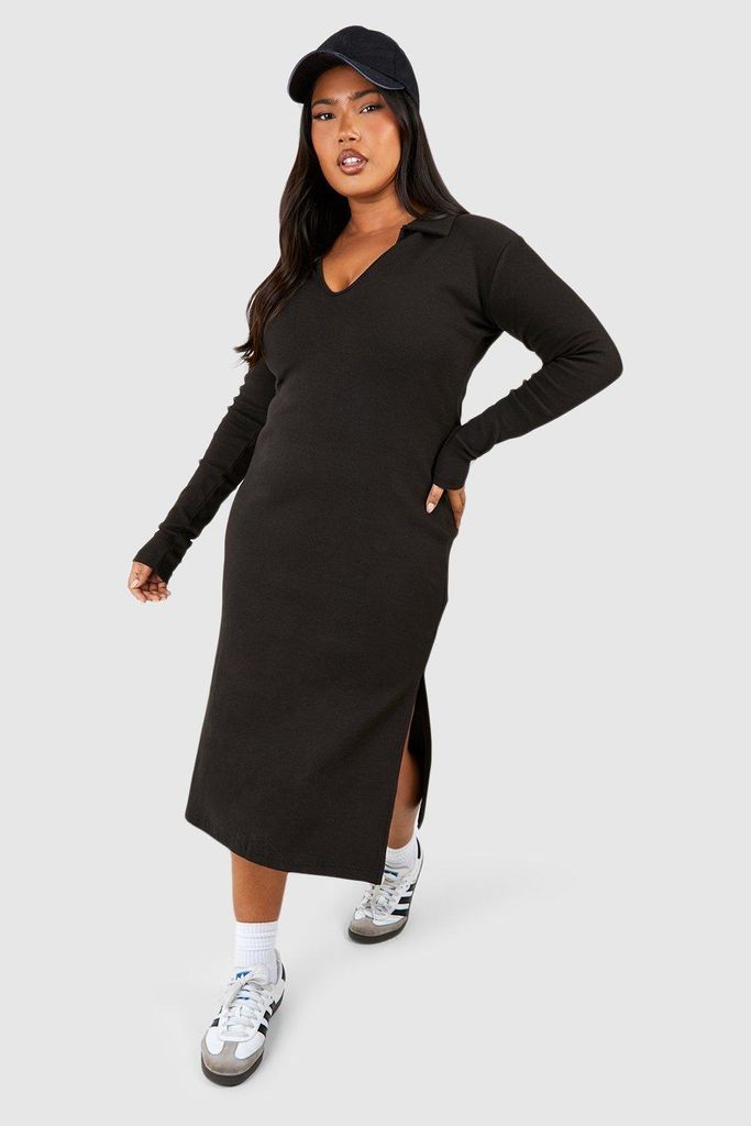 Womens Plus Cotton Collar Midi Dress - Black - 28, Black