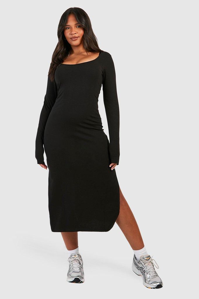 Womens Plus Cotton Scoop Neck Split Midi Dress - Black - 28, Black