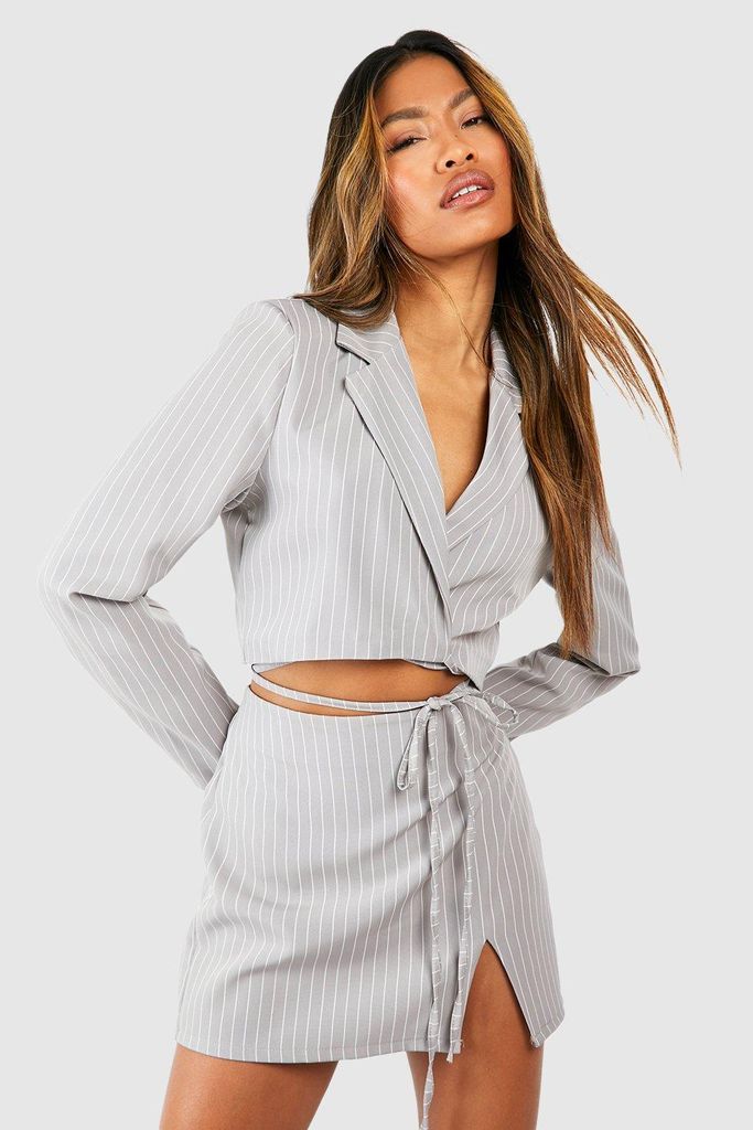 Womens Pinstripe Split Front Micro Mini Skirt - Grey - 12, Grey