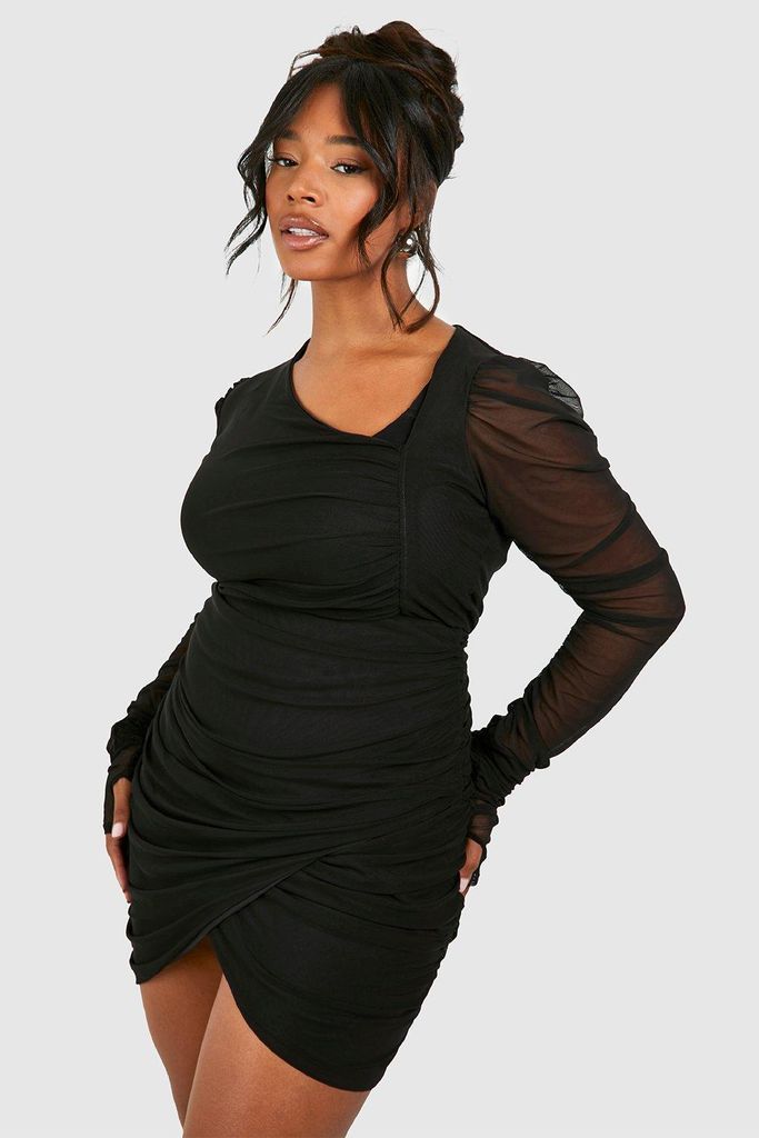 Womens Plus Mesh Ruched Bodycon Dress - Black - 28, Black