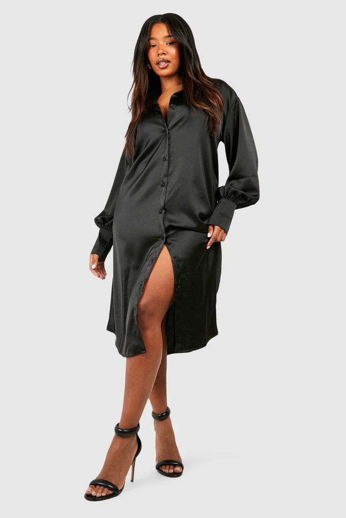 Womens Plus Satin Midi Shirt Dress - Black - 28, Black