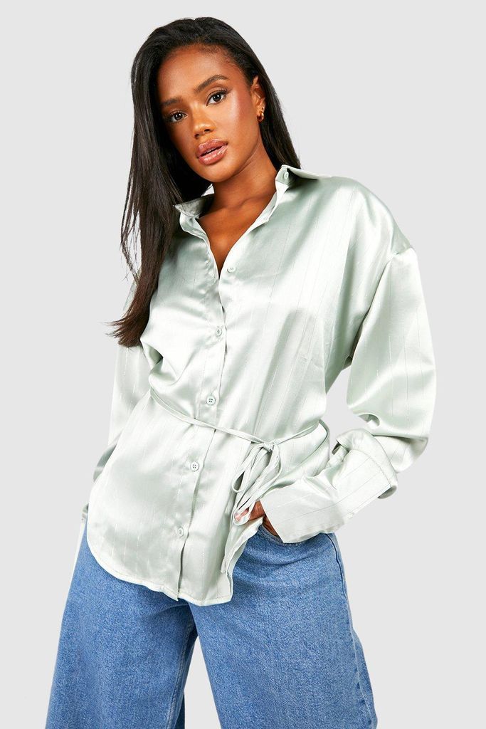 Womens Satin Metallic Stripe Deep Cuff Shirt - Green - 8, Green