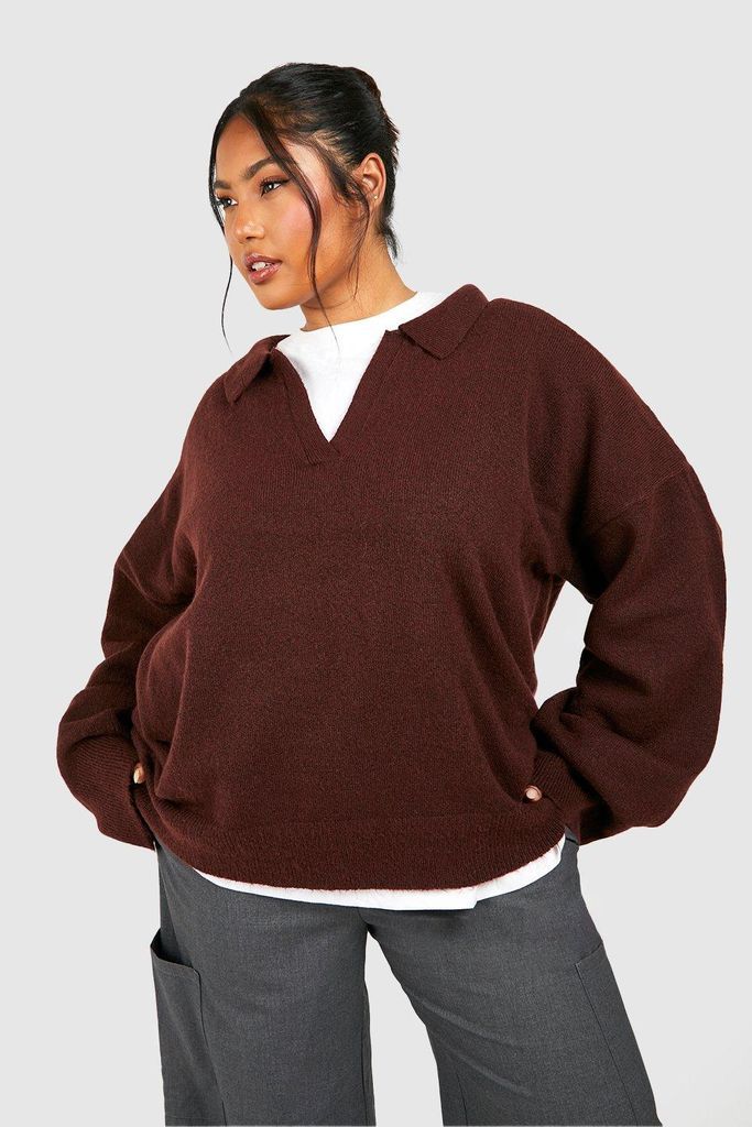 Womens Plus Collared Soft Knit Oversized Jumper - Brown - 22, Brown