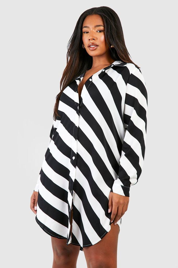 Womens Plus Stripe Print Shirt Dress - Black - 28, Black