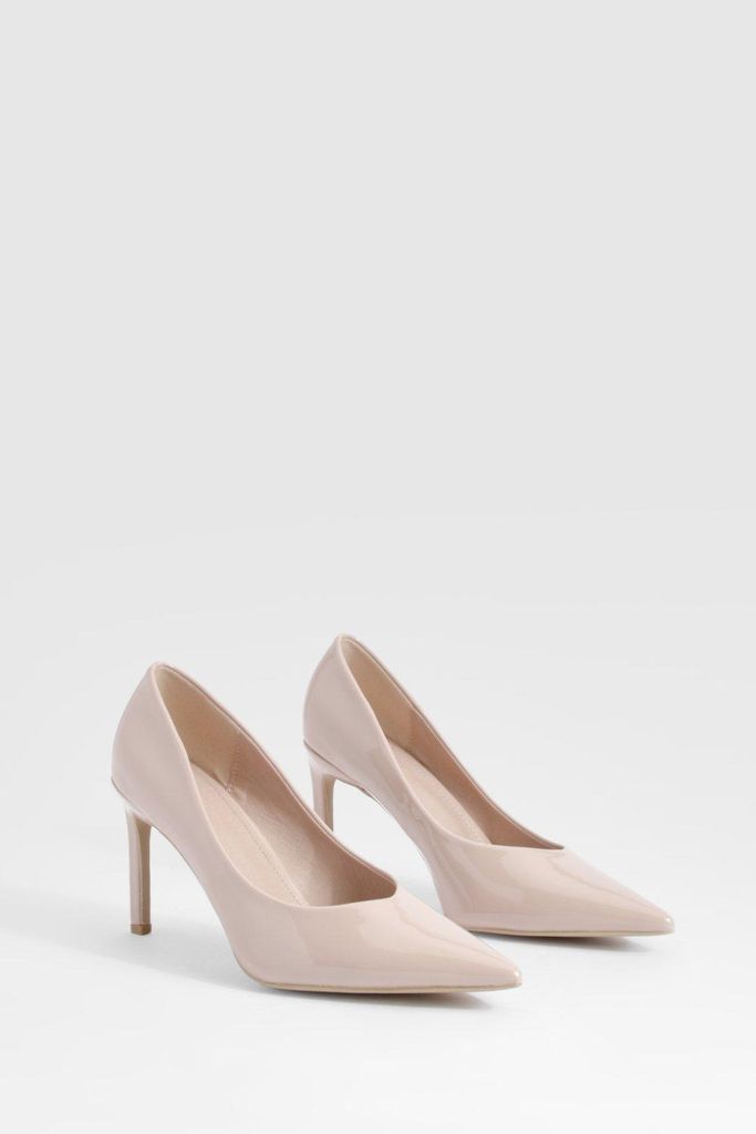 Womens Patent Pointed Court Shoes - Beige - 3, Beige