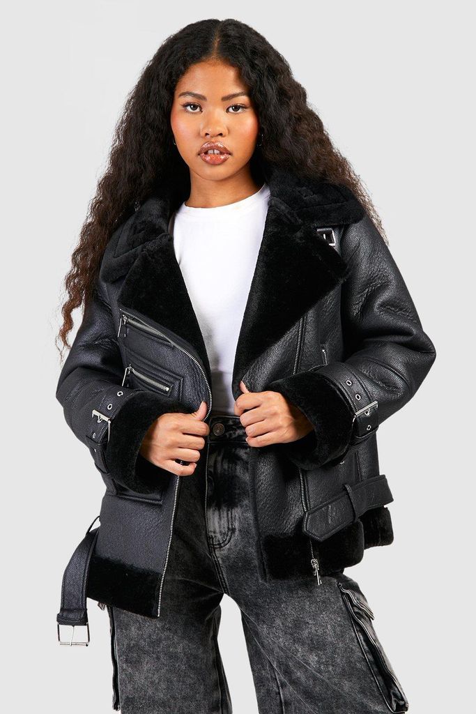 Womens Petite Faux Fur Trim Aviator Jacket - Black - 6, Black