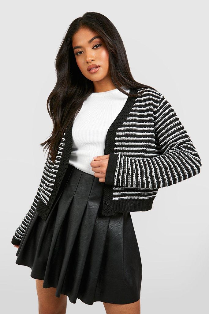 Womens Petite Stripe Cropped Cardigan - Black - S, Black