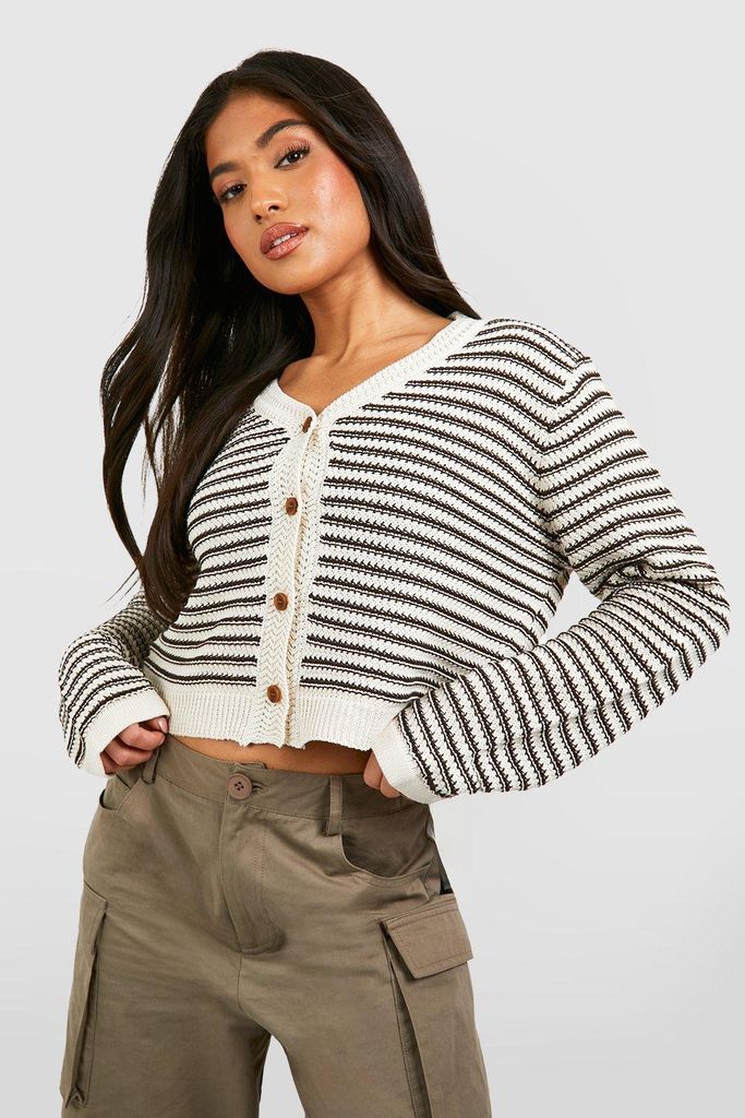 Womens Petite Stripe Cropped Cardigan - Cream - S, Cream