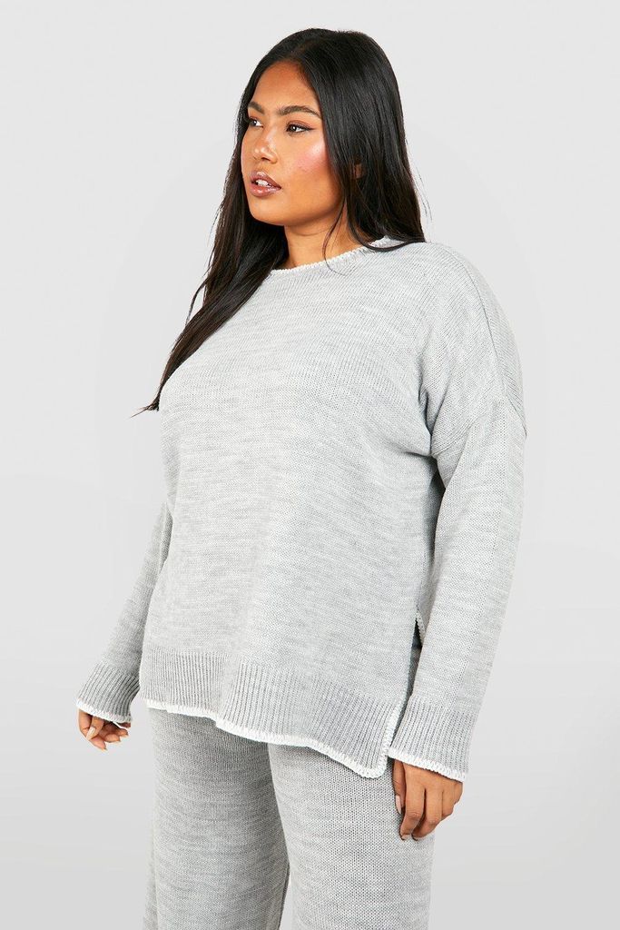 Womens Plus Blanket Stitch Oversized Crew Neck Jumper - Grey - 16, Grey