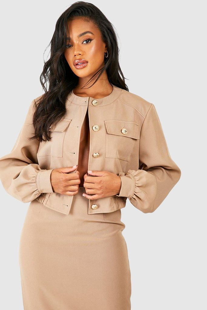 Womens Relaxed Fit Gold Button Bomber - Beige - 6, Beige