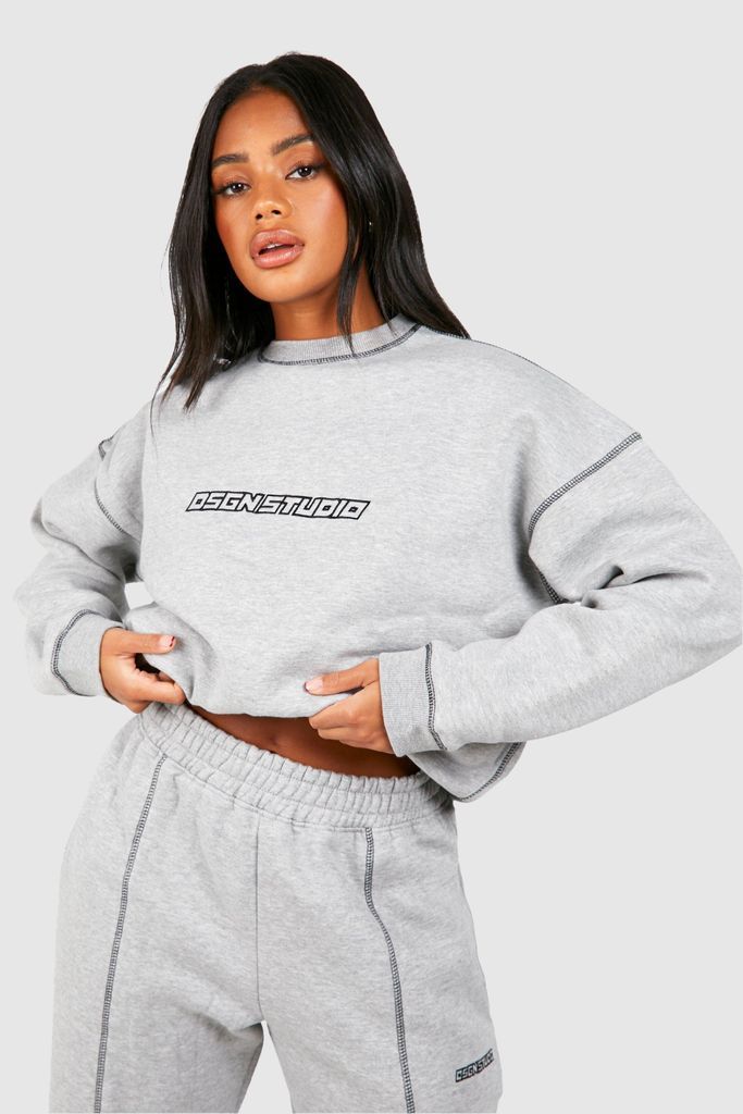 Womens Contrast Stitch Embroidered Oversized Sweatshirt - Grey - L, Grey