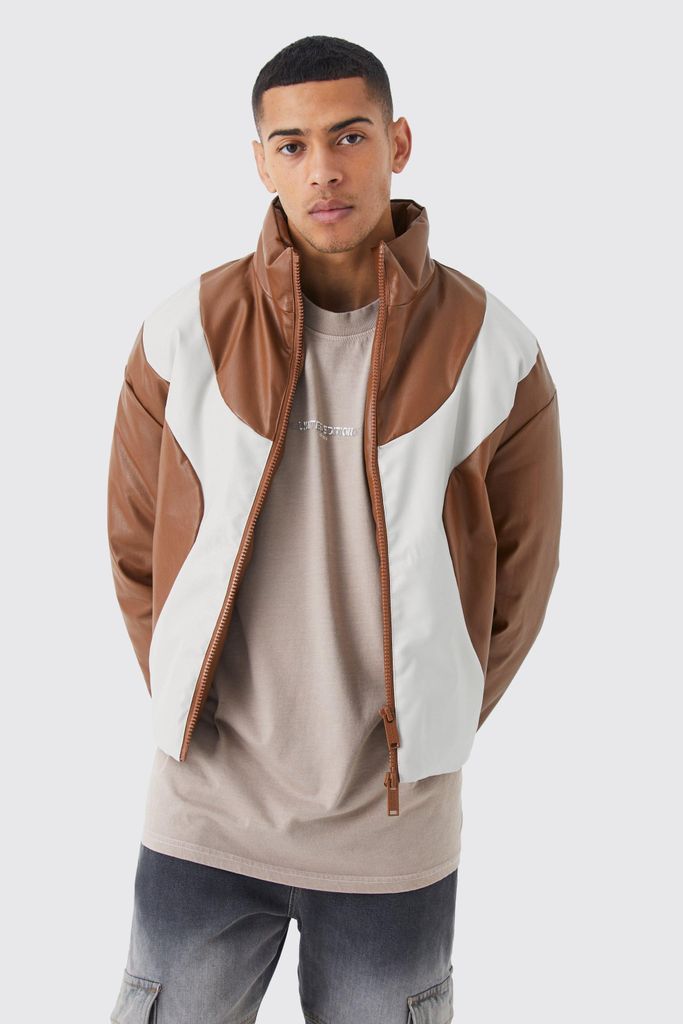 Men's Boxy Pu Funnel Neck Panelled Bomber - Brown - S, Brown