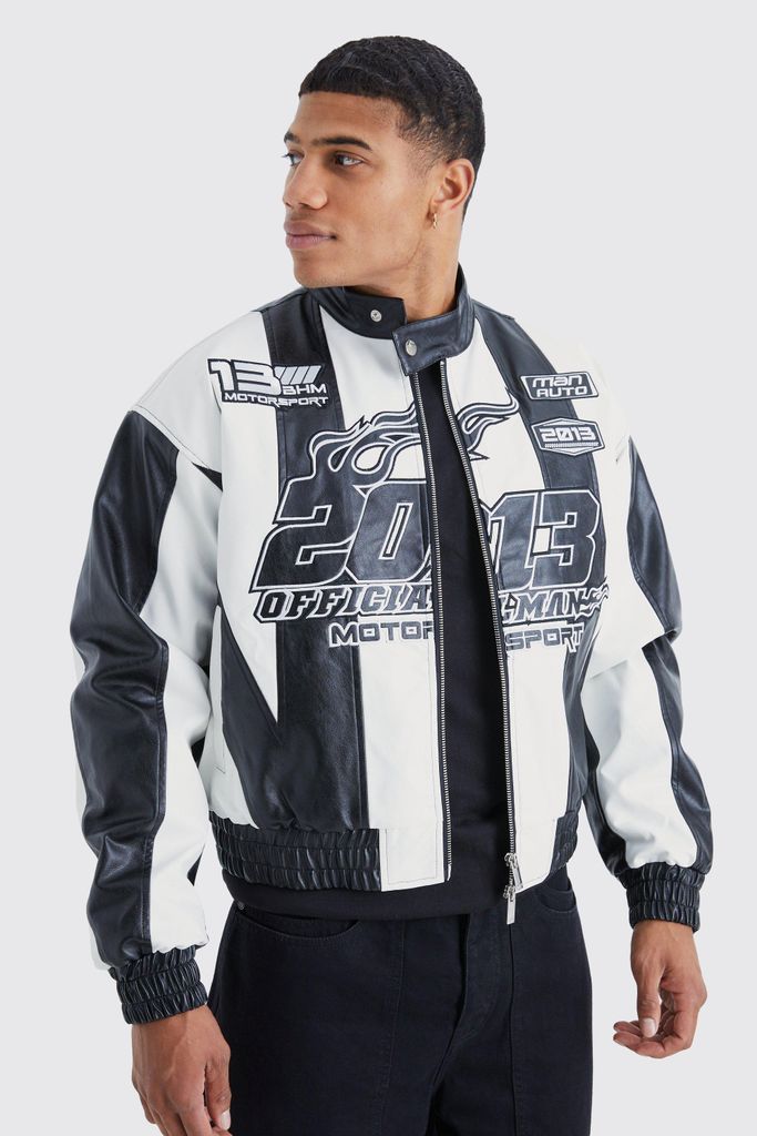 Men's Boxy Pu Panelled Applique Moto Jacket - Black - S, Black