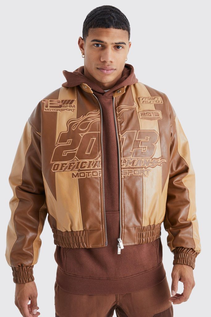 Men's Boxy Pu Panelled Applique Moto Jacket - Brown - S, Brown