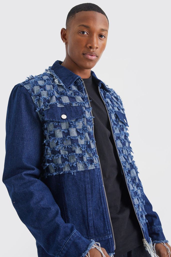 Men's Checkerboard Spliced Denim Jacket - Blue - S, Blue
