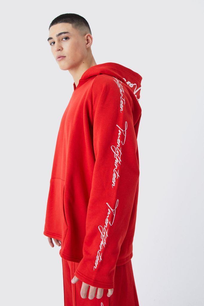 Men's Oversized Raw Edge Script Embroidered Hoodie - S, Red